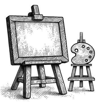 recommend clip art: Wooden Easel with Blank Canvas. line sketch engraving. black and white.
