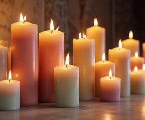 Soft light emanating from a collection of pillar candles, soft light, tranquil atmosphere, relaxing vibes