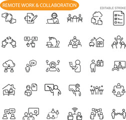Remote Work Collaboration Icons Teamwork, Communication, Technology, Productivity