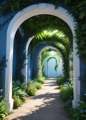 Fototapeta premium Blue tunnel with white archway and lush greenery, natural scenery, tunnel surroundings