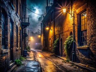 Fototapeta premium Night Photography of a Mysterious Dark Alley in Toronto, Canada, Showcasing Atmospheric Urban Lighting and Textured Brick Walls under the Moonlight