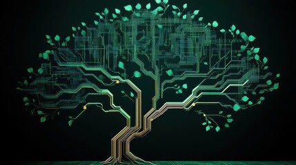 Futuristic Digital Circuit Tree on Dark Background