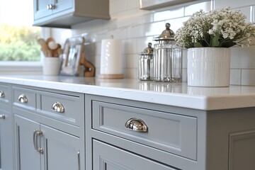 Gray kitchen cabinets with quartz countertop, silver knobs, and white flowers.