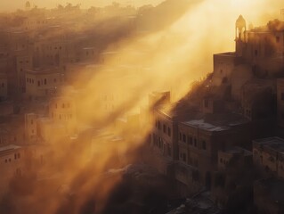 Fototapeta premium Cinematic mood Concept. A golden sunrise casts ethereal light over ancient buildings, creating a serene atmosphere filled with soft shadows and warm hues.
