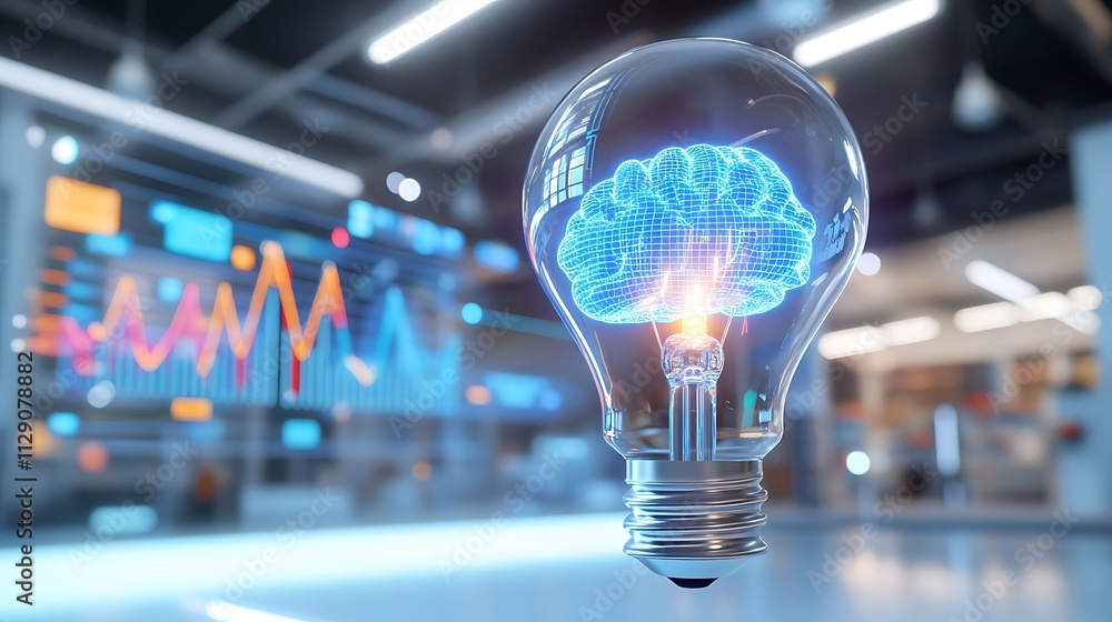 Poster innovative light bulb concept with a digital brain and data visualization for smart technology
