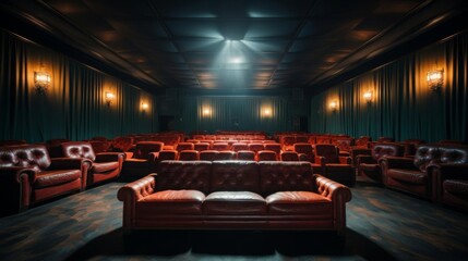 A movie theater with a red couch in the middle of the room