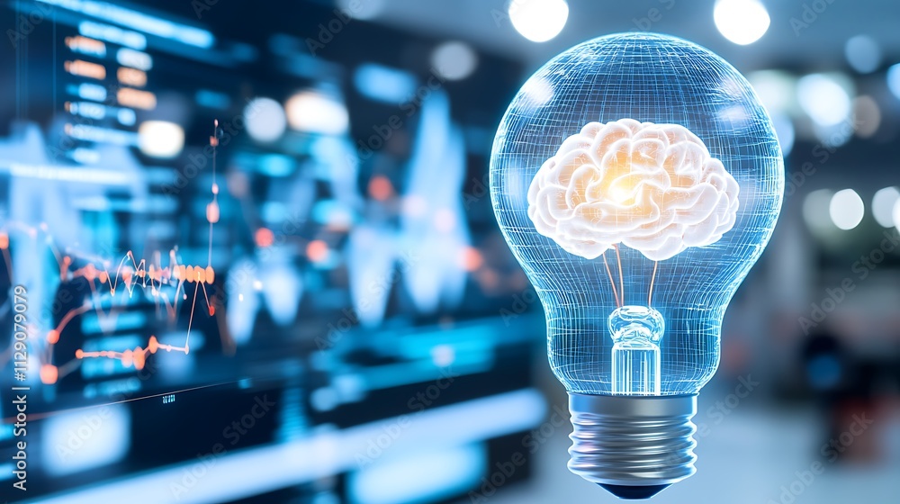 Poster innovative light bulb concept with a digital brain and data visualization for smart technology
