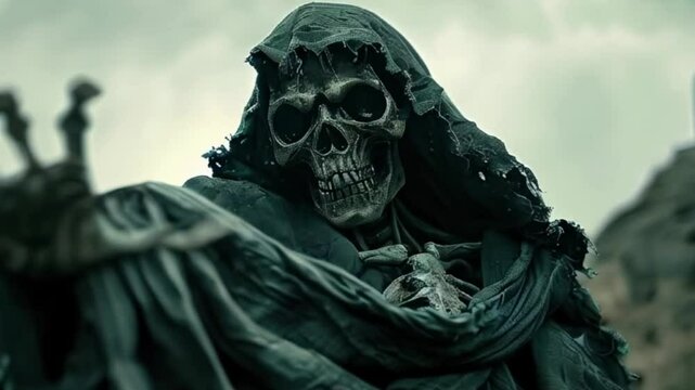 Scary grim reaper with sharp scythe in hell with dramatic background
