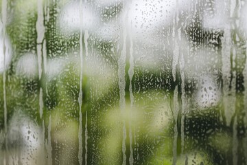 frosted glass pane with soft light and blurred greenery behind.