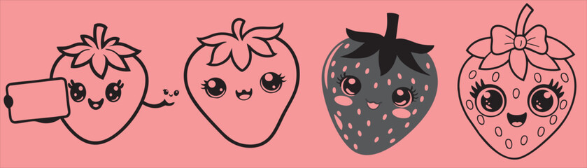 Vector strawberry line art illustrations set, hand drawn botanical outline drawing. fruit monochrome sketch. Isolated design elements for coloring books.