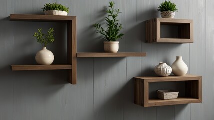 Modern wooden shelves with plants and vases on gray wall.