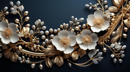 A gold and white flower arrangement with a blue background