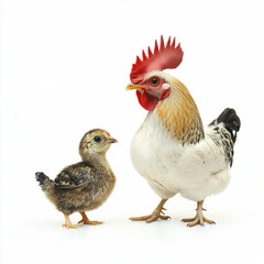 Fototapeta premium Chicken and chick standing together on white background.