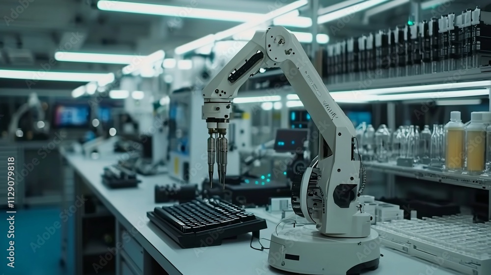 Poster robotic arm in a modern laboratory setting.