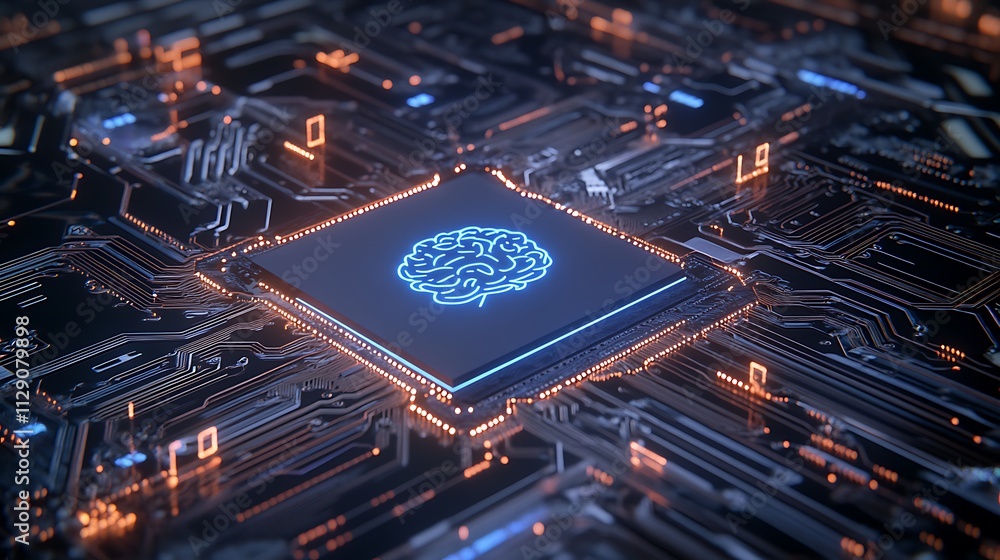 Aufkleber futuristic circuit board with a digital brain icon representing artificial intelligence technology
