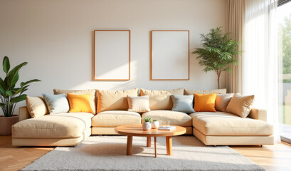 stylish bright living room with a cozy sofa, sunny day