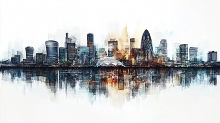 Obraz premium Modern Metropolis: Watercolor Cityscape with Reflections