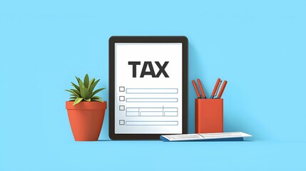 A digital tablet displays a tax document beside a potted plant and stationery, set against a vibrant blue background.