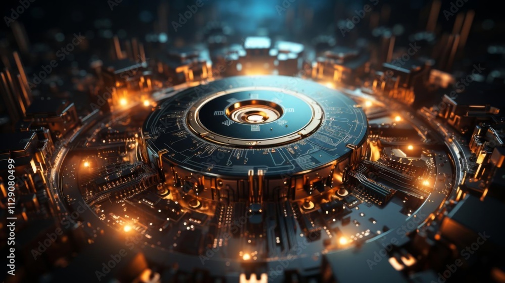 Poster a large, glowing, metallic object with a circular shape