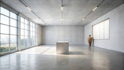 A minimalist concrete room with large windows, a single block in the center, and a wooden vase against the wall.