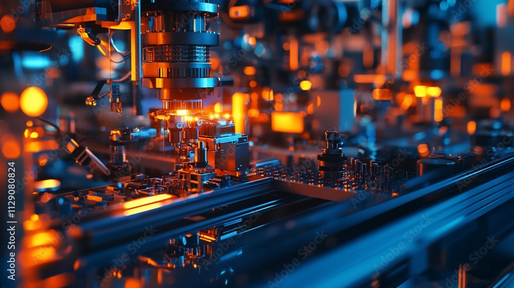 Poster Close-up of automated robotic arm assembling circuit board in factory.