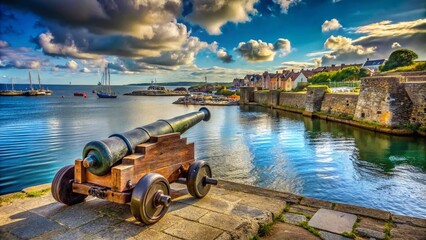 Old Historic Cannon Positioned Alongside the Harbour Wall with a Scenic View, Ideal for Maritime History and Coastal Heritage Photography