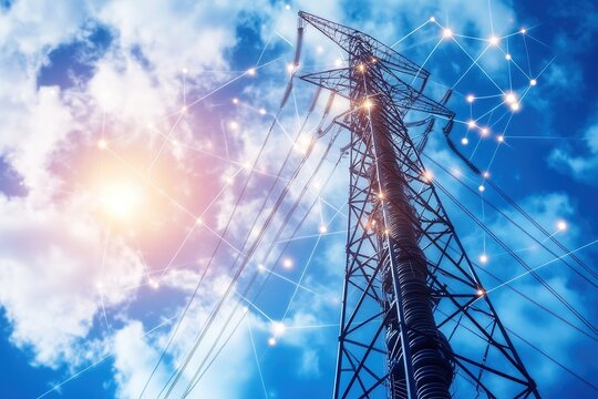 Power transmission tower against a dramatic evening sky with glowing network lines and connection points 