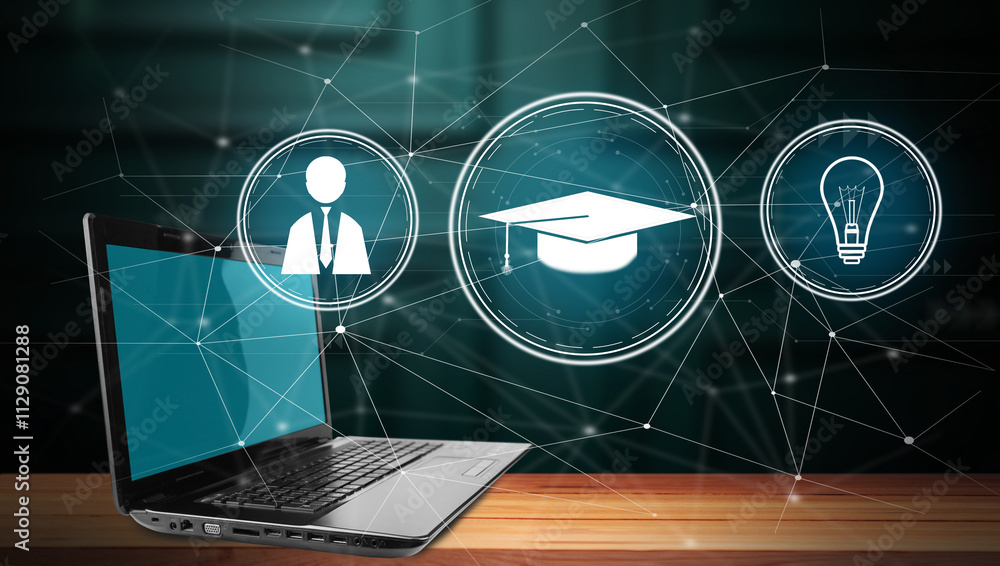 Poster e-learning concept with a laptop computer