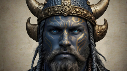 A rugged Viking warrior's head, adorned with a worn, battle-weathered helmet featuring intricate bronze accents, rests atop a thick, braided beard that cascades down the chin, streaked with threads