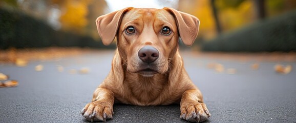 Adorable Brown Dog Lying on Autumn Path, Looking at Camera