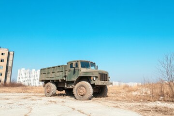 Obraz premium Abandoned Military Truck in Urban Landscape Under Clear Blue Sky