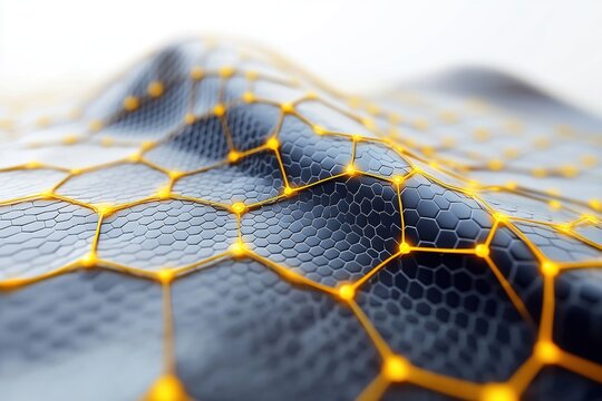 Abstract futuristic surface with a hexagonal grid and glowing yellow nodes, resembling advanced technology, connectivity, and innovative digital networks