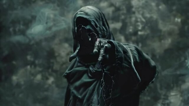 Scary grim reaper with sharp scythe in hell with dramatic background