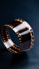 Close-up of a silver film reel against a dark background, showcasing intricate details and vibrant orange film strips.