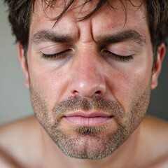 Close-Up of Man's Face with Tousled Hair and Neutral Expression