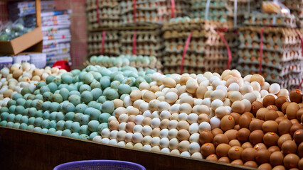 Eggs in the market for sale. Close-up.