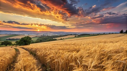 Obraz premium Panoramic View of a Golden Wheat Field at Sunset with Vibrant Sky, Capturing the Essence of Rural Agriculture and Summer Harvest in Nature's Bounty