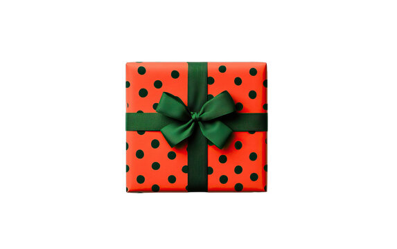 A vibrant red gift box adorned with black polka dots and a green ribbon bow.