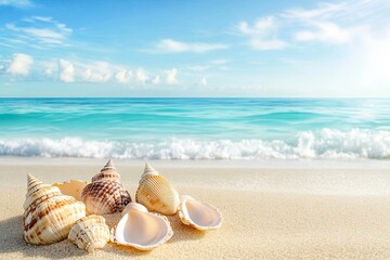 Seashells on Sandy Beach Near Ocean Waves