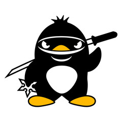 Penguin Ninja Cool Samurai Japanese Katana Fighter Design Lover Art Vector Illustration Card T-Shirt Poster Sticker Graphic Print Decorative Drawing Isolated Logo Decoration Symbol Creative Cool Style