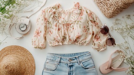 Flat lay of summer women's fashion floral blouse, denim shorts, straw hat, sunglasses, bag, and sandals.