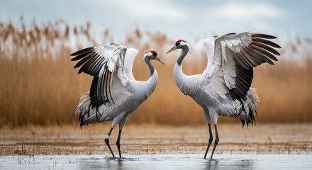 Obraz premium Graceful dance of red-crowned cranes in tranquil wetland setting