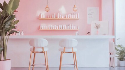 Pink & serene beauty salon interior with product display and modern furniture. Perfect for lifestyle or beauty blogs.