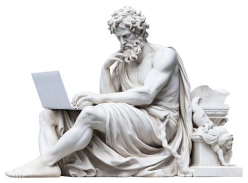 PNG Greek sculpture using computer laptop statue art.