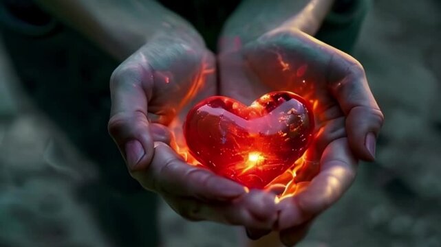 Beautiful colorful decorative heart in strong human hands on background