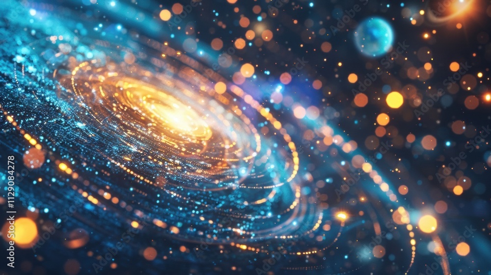 Poster big data is flowing in cyberspace, creating a futuristic spiral galaxy with glowing particles and bo