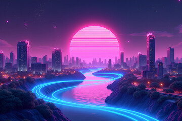 Obraz premium Retro-Futuristic Cityscape in Neon Pink and Blue with Synthwave Aesthetic