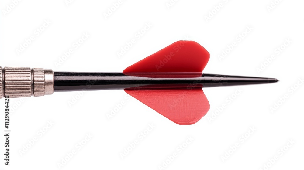 Poster Red Dart Close-up: A single, sharp red dart with black shaft and metallic tip, isolated on white background, showcasing its aerodynamic design. Perfect for representing precision, focus.