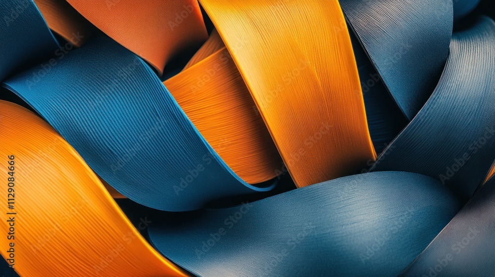 Poster abstract composition of intertwined blue and orange ribbons creating a dynamic visual effect.