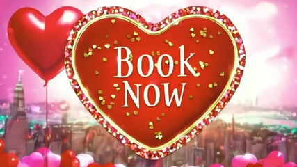 Video of red and gold sparkling heart with text “book now” and blurry city landscape in the background 